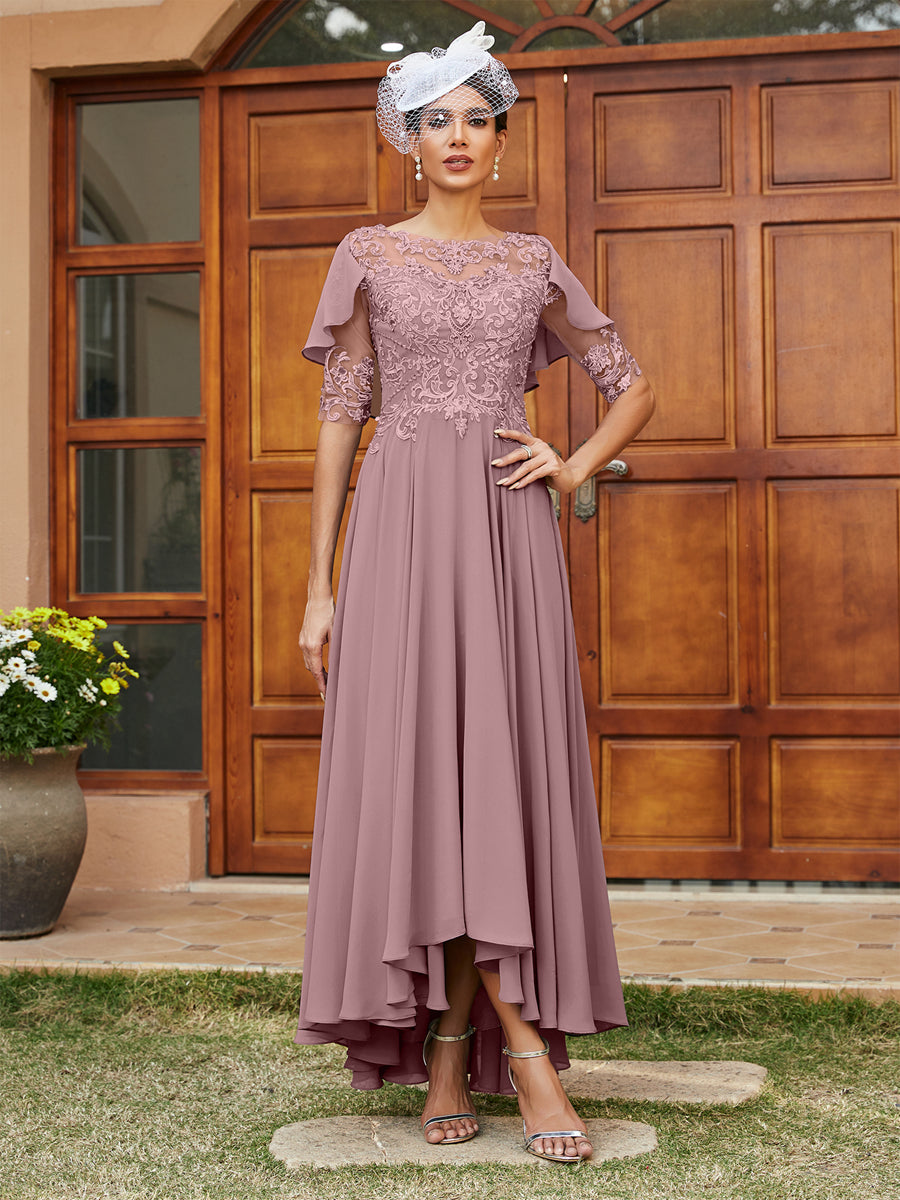 Vestidos Longos de Noite com Mangas Meio Comprimento e Gola Transparente Bordados em Estilo A-Line/Princesa