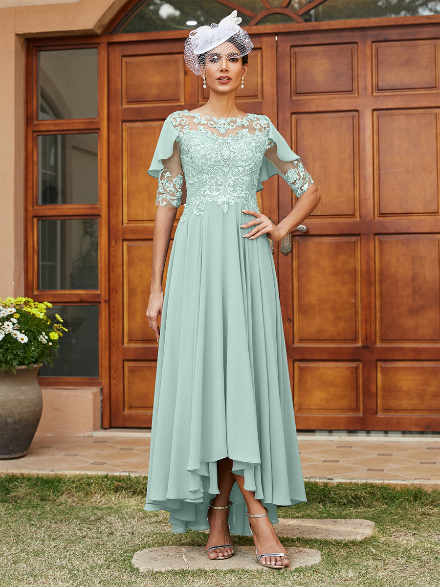 Vestidos Longos de Noite com Mangas Meio Comprimento e Gola Transparente Bordados em Estilo A-Line/Princesa