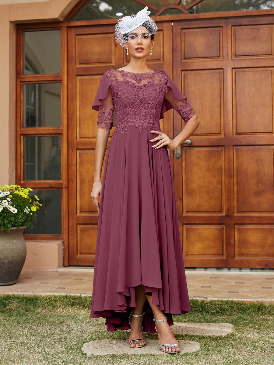 Vestidos Longos de Noite com Mangas Meio Comprimento e Gola Transparente Bordados em Estilo A-Line/Princesa