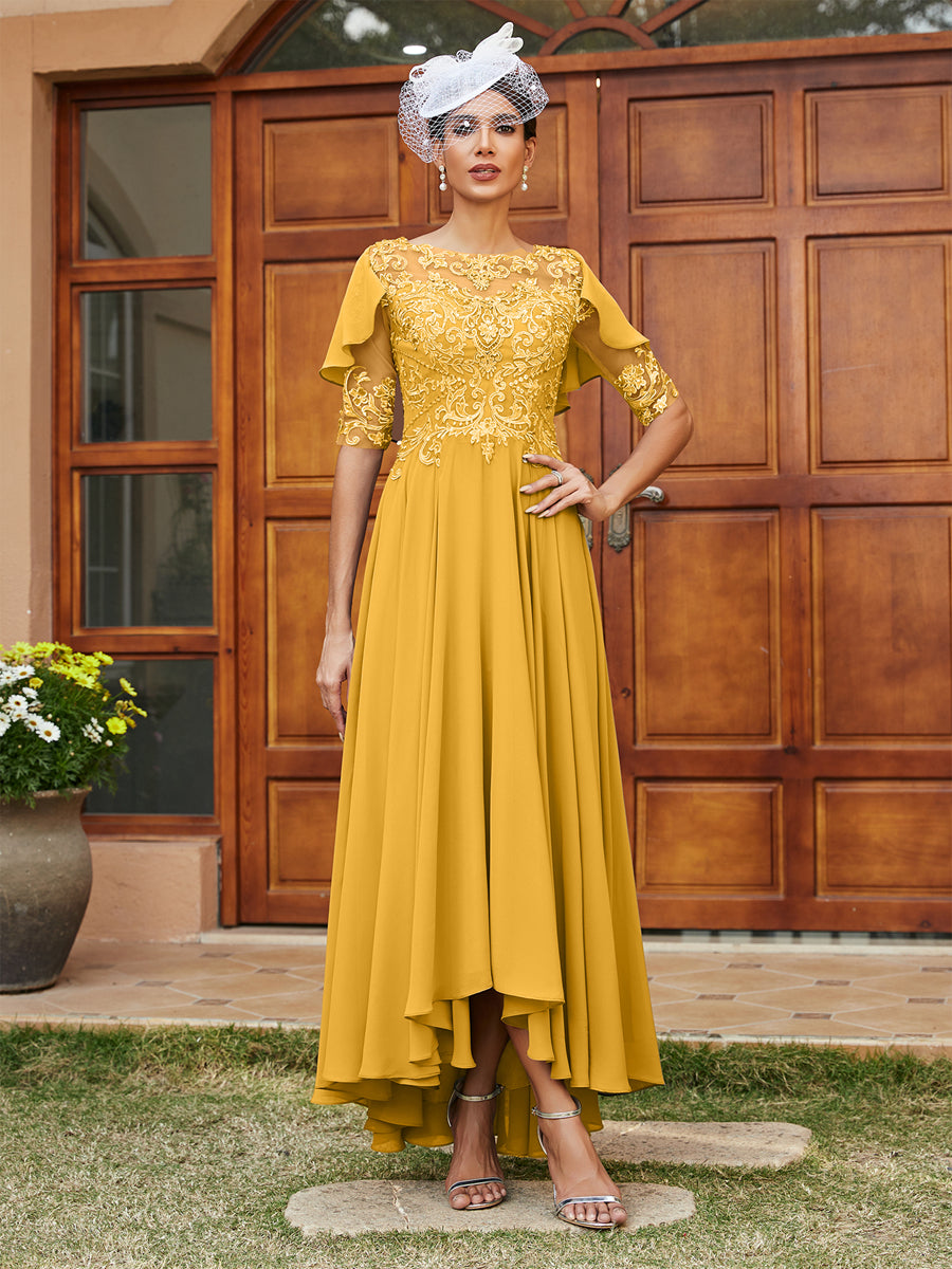 Vestidos Longos de Noite com Mangas Meio Comprimento e Gola Transparente Bordados em Estilo A-Line/Princesa