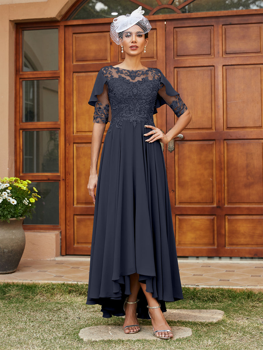 Vestidos Longos de Noite com Mangas Meio Comprimento e Gola Transparente Bordados em Estilo A-Line/Princesa
