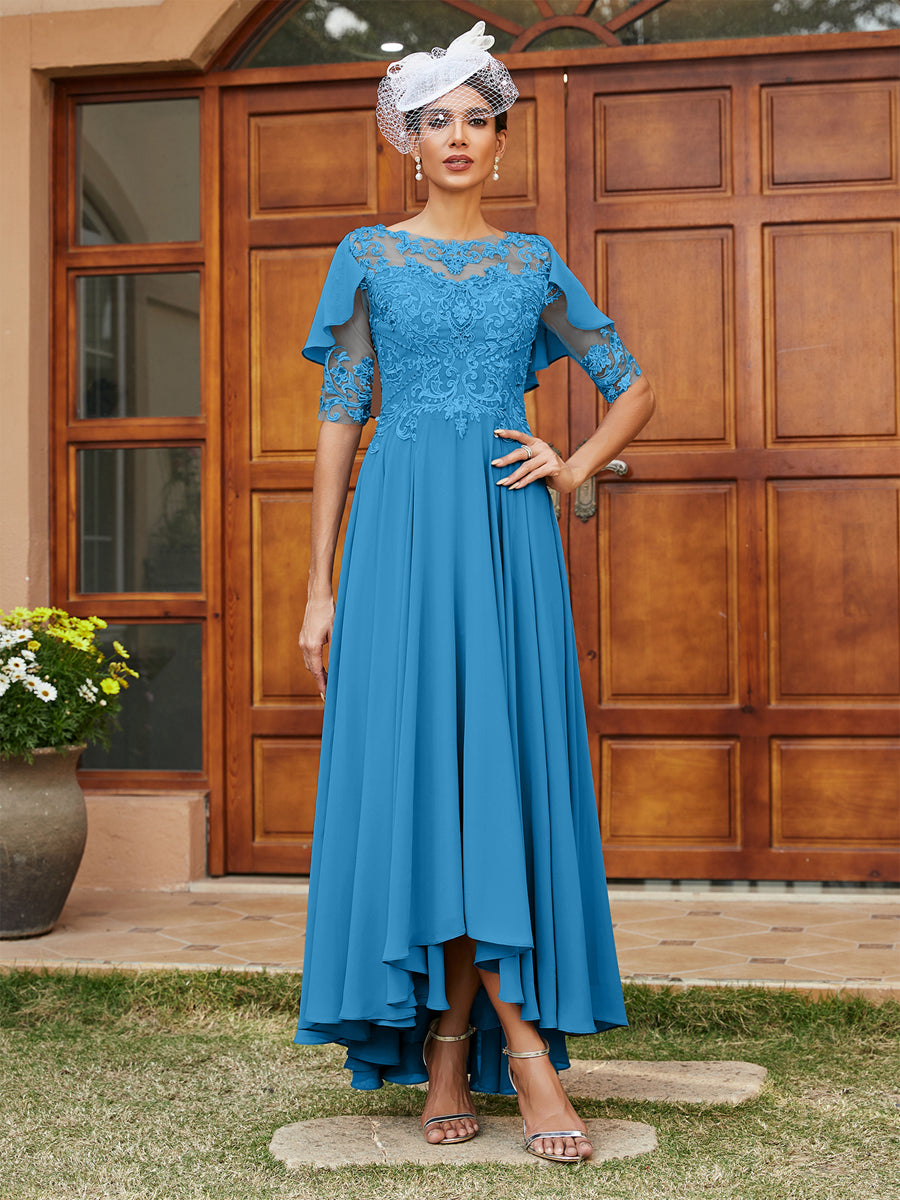 Vestidos Longos de Noite com Mangas Meio Comprimento e Gola Transparente Bordados em Estilo A-Line/Princesa