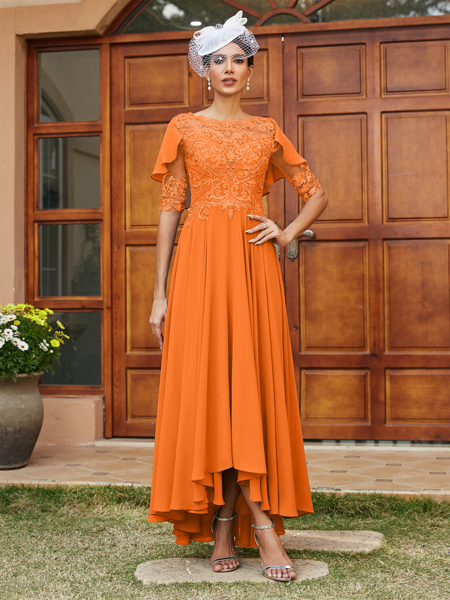 Vestidos Longos de Noite com Mangas Meio Comprimento e Gola Transparente Bordados em Estilo A-Line/Princesa