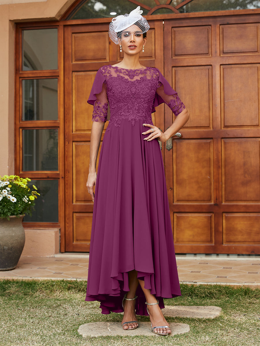 Vestidos Longos de Noite com Mangas Meio Comprimento e Gola Transparente Bordados em Estilo A-Line/Princesa