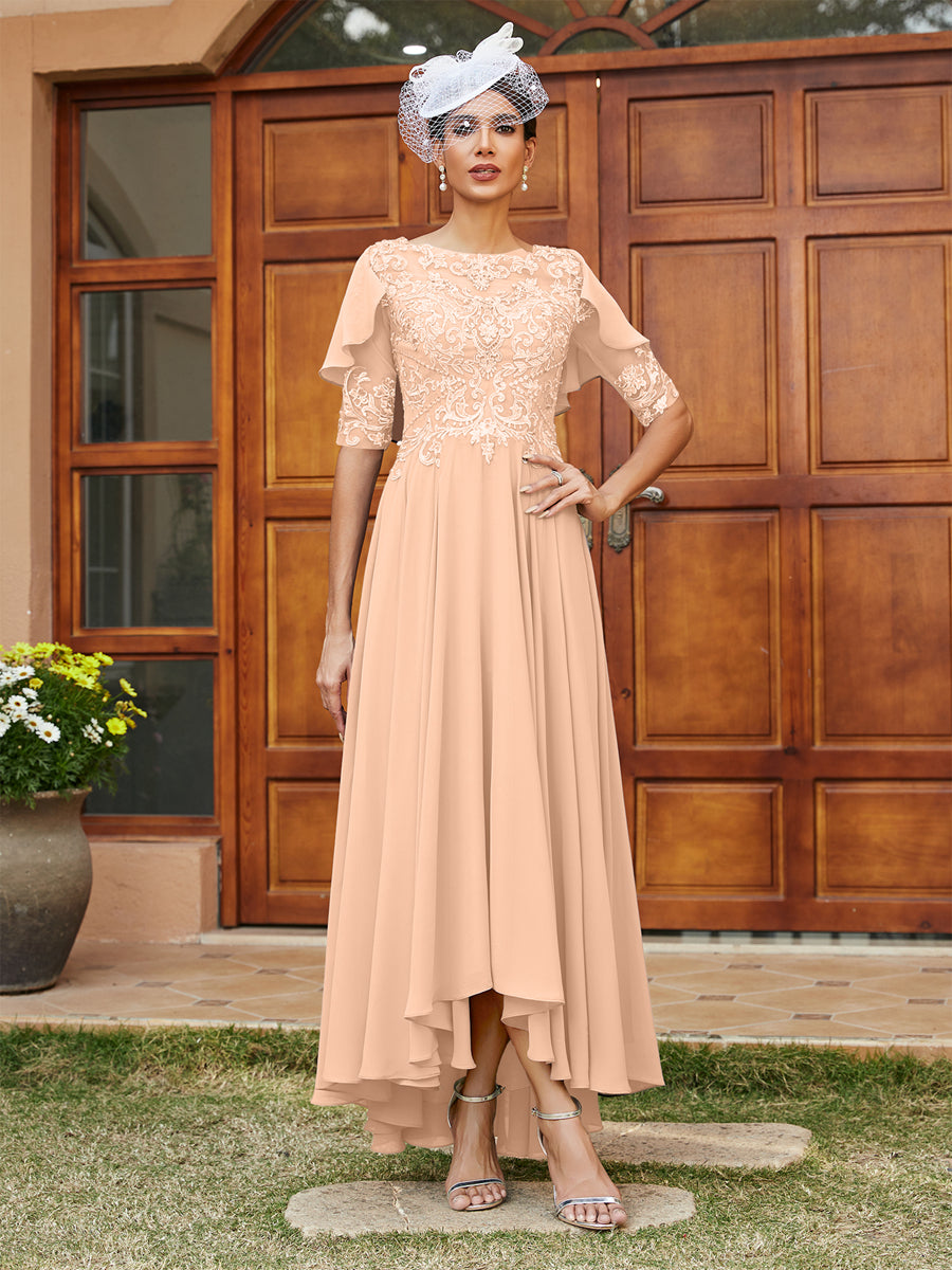 Vestidos Longos de Noite com Mangas Meio Comprimento e Gola Transparente Bordados em Estilo A-Line/Princesa