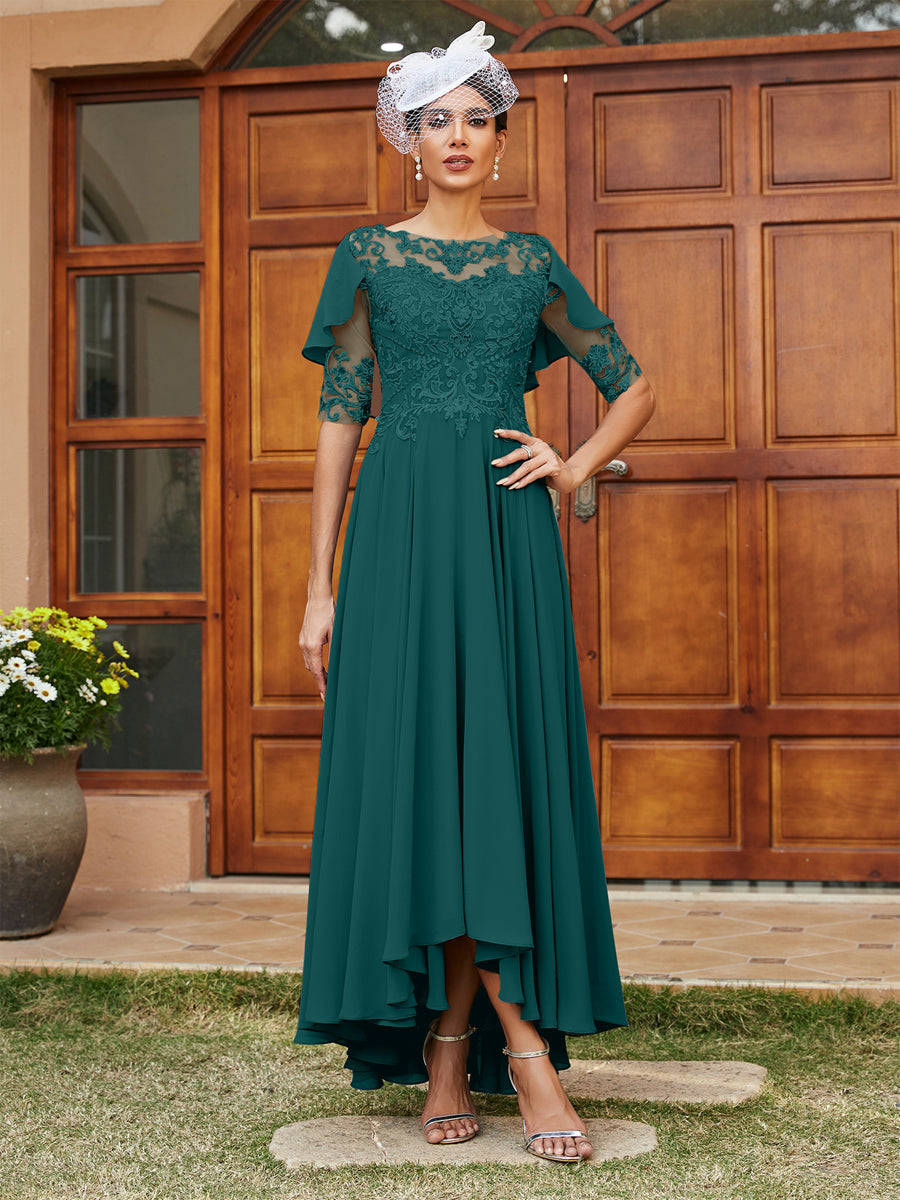 Vestidos Longos de Noite com Mangas Meio Comprimento e Gola Transparente Bordados em Estilo A-Line/Princesa