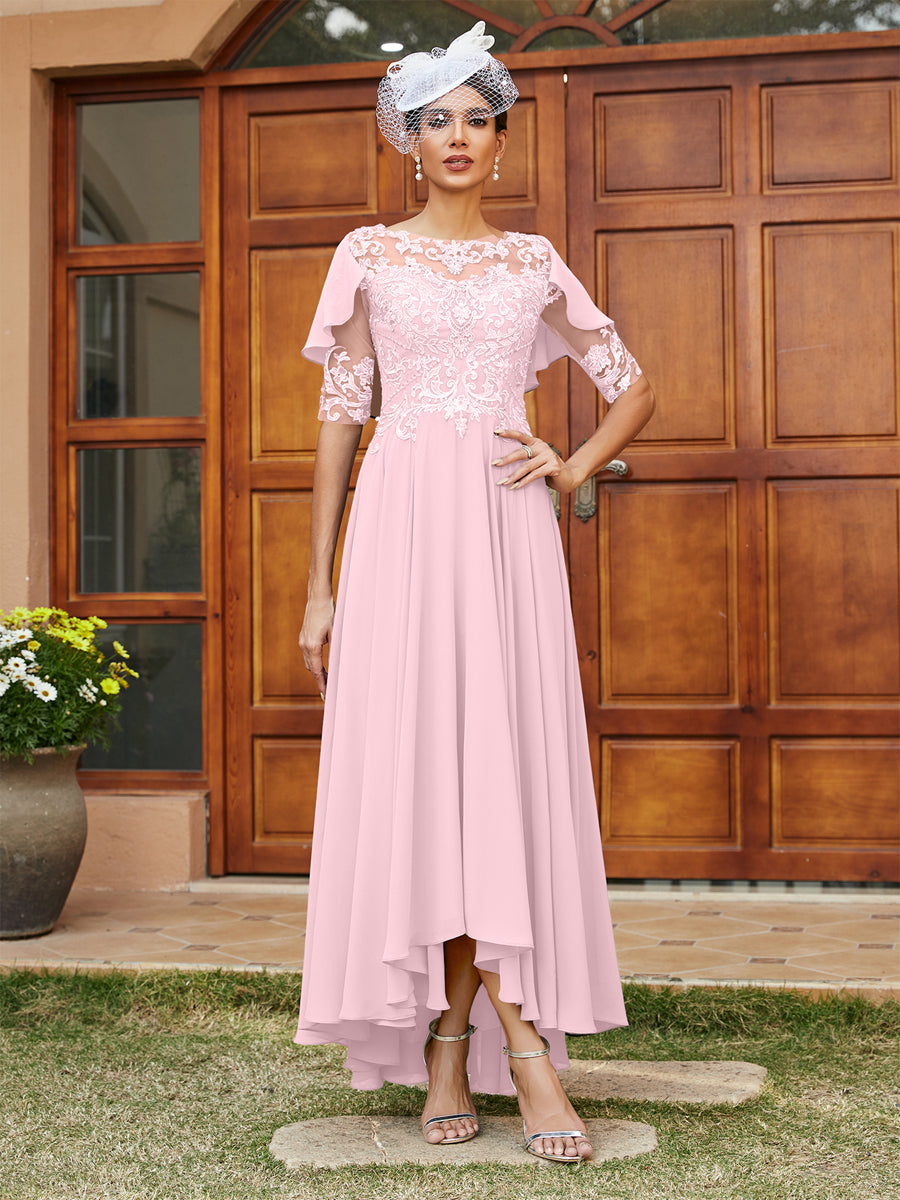 Vestidos Longos de Noite com Mangas Meio Comprimento e Gola Transparente Bordados em Estilo A-Line/Princesa
