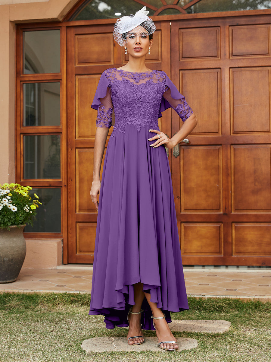 Vestidos Longos de Noite com Mangas Meio Comprimento e Gola Transparente Bordados em Estilo A-Line/Princesa
