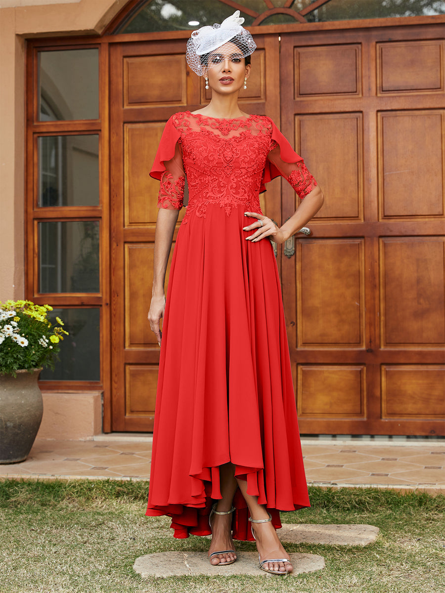 Vestidos Longos de Noite com Mangas Meio Comprimento e Gola Transparente Bordados em Estilo A-Line/Princesa