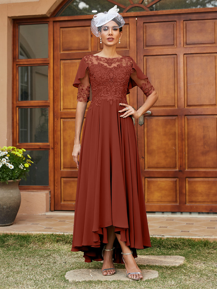 Vestidos Longos de Noite com Mangas Meio Comprimento e Gola Transparente Bordados em Estilo A-Line/Princesa
