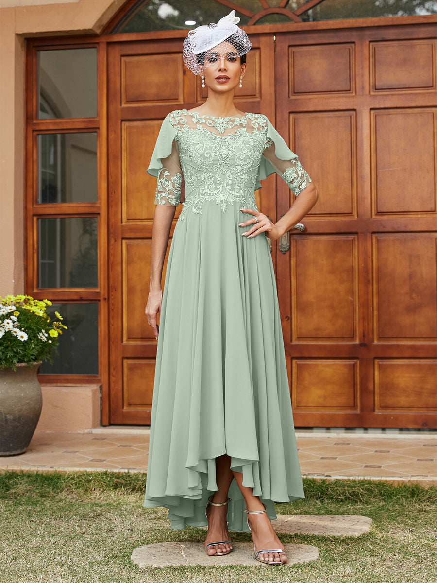 Vestidos Longos de Noite com Mangas Meio Comprimento e Gola Transparente Bordados em Estilo A-Line/Princesa