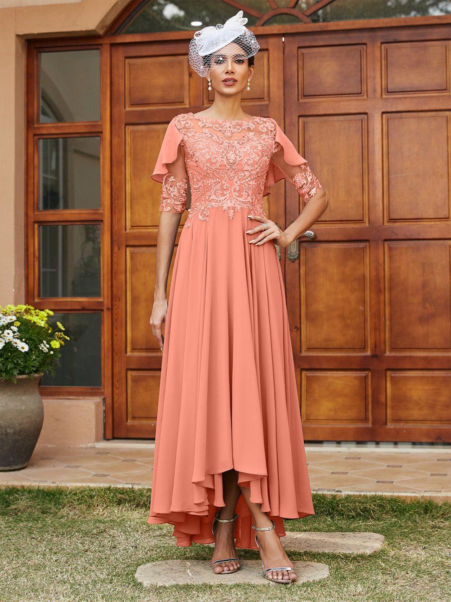 Vestidos Longos de Noite com Mangas Meio Comprimento e Gola Transparente Bordados em Estilo A-Line/Princesa