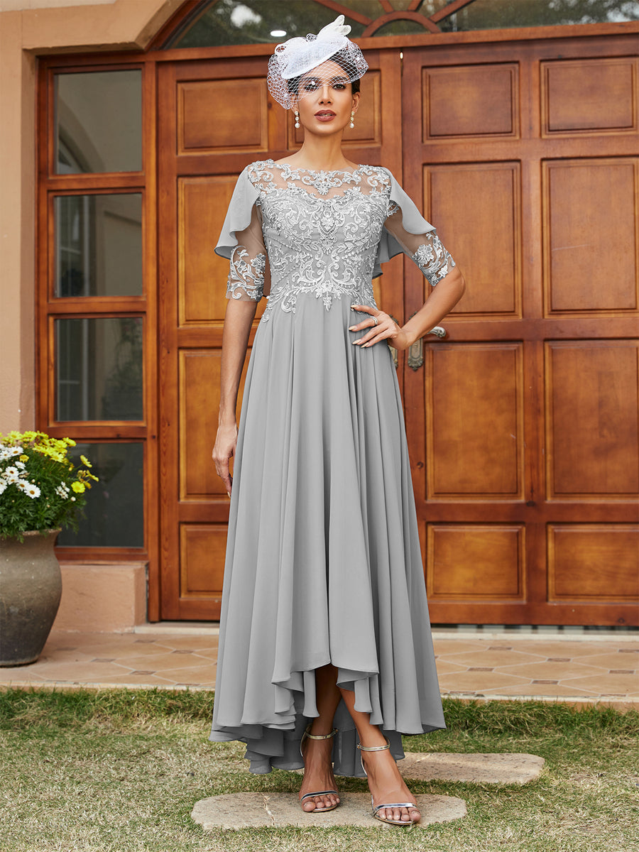 Vestidos Longos de Noite com Mangas Meio Comprimento e Gola Transparente Bordados em Estilo A-Line/Princesa