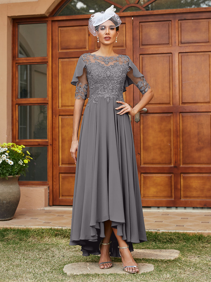 Vestidos Longos de Noite com Mangas Meio Comprimento e Gola Transparente Bordados em Estilo A-Line/Princesa