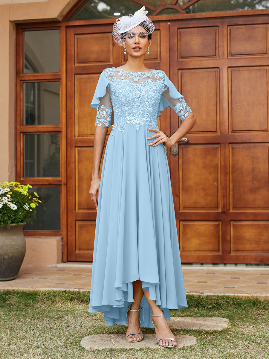 Vestidos Longos de Noite com Mangas Meio Comprimento e Gola Transparente Bordados em Estilo A-Line/Princesa