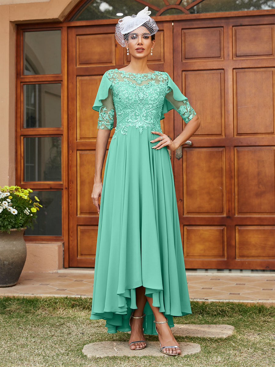 Vestidos Longos de Noite com Mangas Meio Comprimento e Gola Transparente Bordados em Estilo A-Line/Princesa