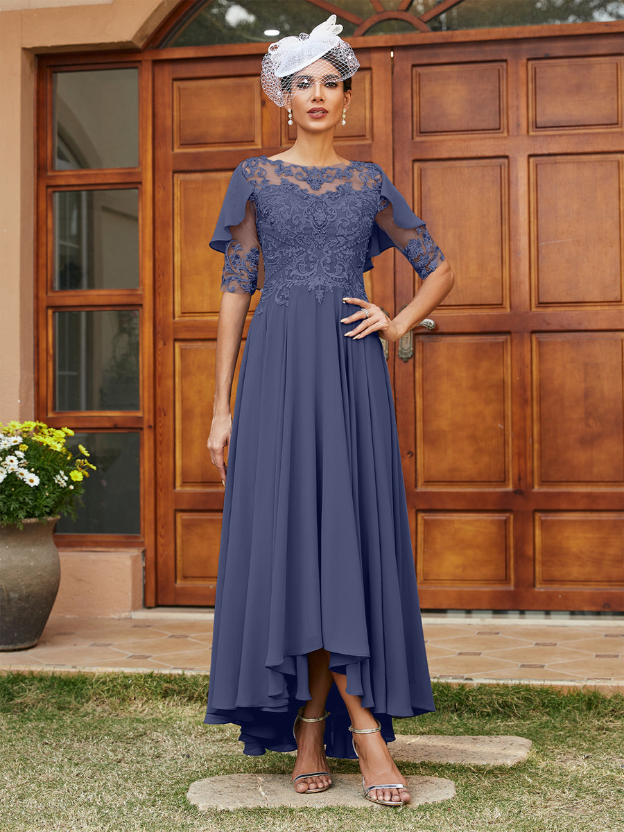 Vestidos Longos de Noite com Mangas Meio Comprimento e Gola Transparente Bordados em Estilo A-Line/Princesa