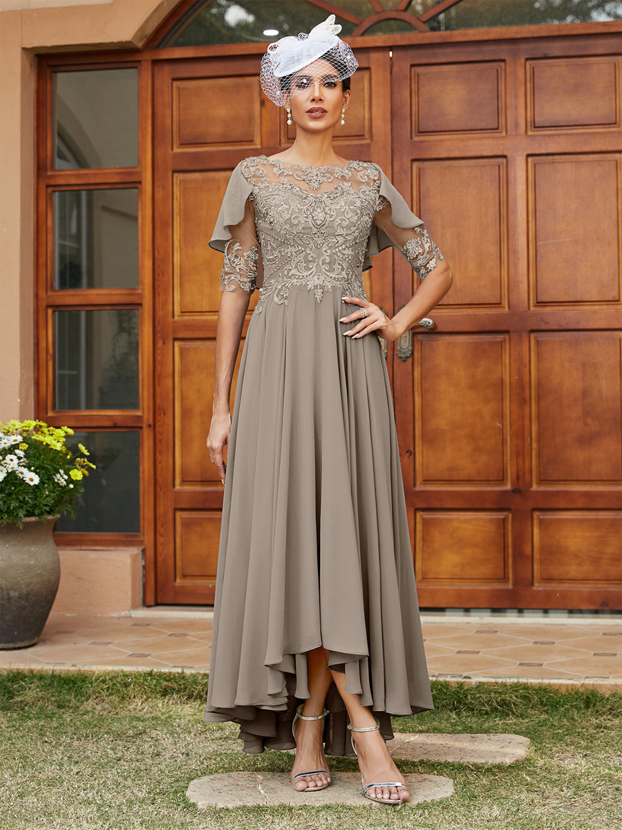 Vestidos Longos de Noite com Mangas Meio Comprimento e Gola Transparente Bordados em Estilo A-Line/Princesa