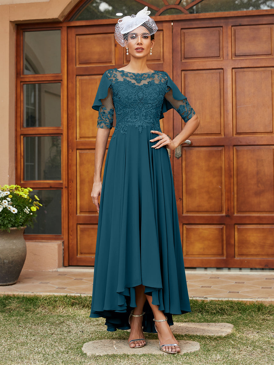 Vestidos Longos de Noite com Mangas Meio Comprimento e Gola Transparente Bordados em Estilo A-Line/Princesa