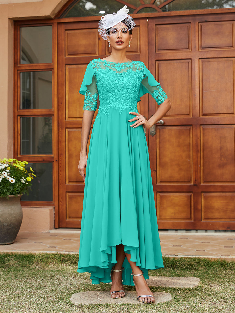 Vestidos Longos de Noite com Mangas Meio Comprimento e Gola Transparente Bordados em Estilo A-Line/Princesa
