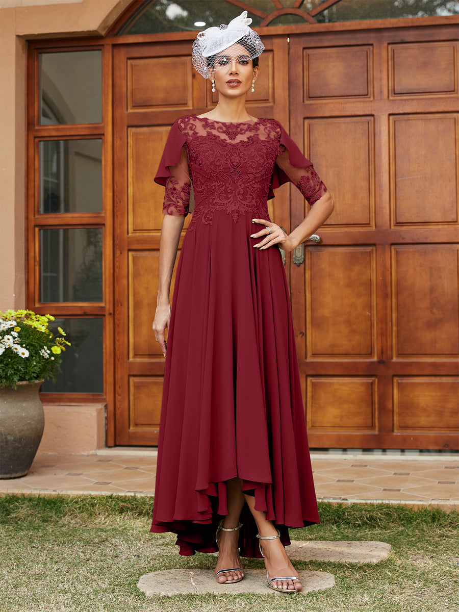 Vestidos Longos de Noite com Mangas Meio Comprimento e Gola Transparente Bordados em Estilo A-Line/Princesa