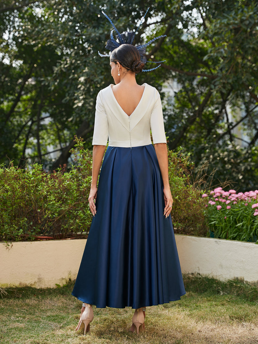Vestidos Longos de Noite com Mangas Meio Comprimento e Gola Alta Bordados com Strass em Estilo A-Line/Princesa