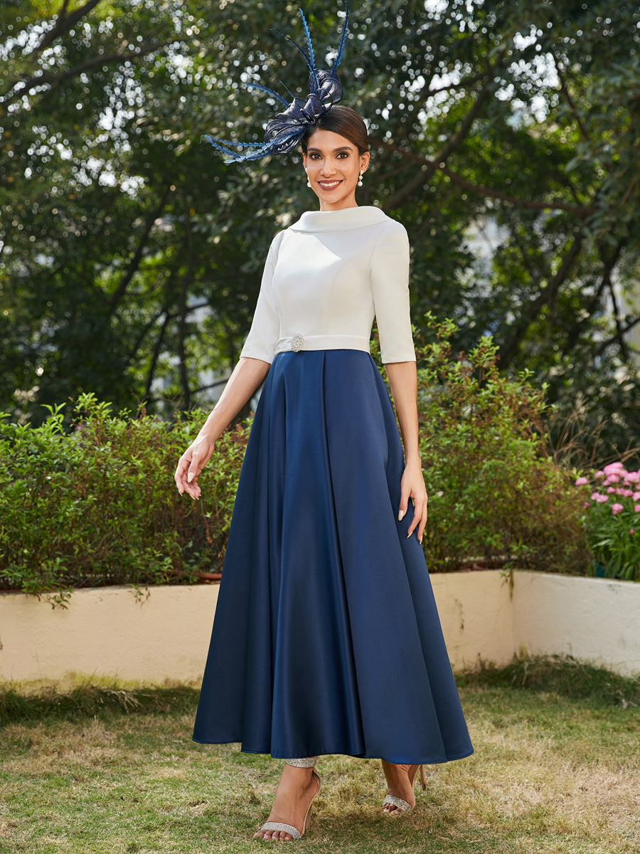 Vestidos Longos de Noite com Mangas Meio Comprimento e Gola Alta Bordados com Strass em Estilo A-Line/Princesa