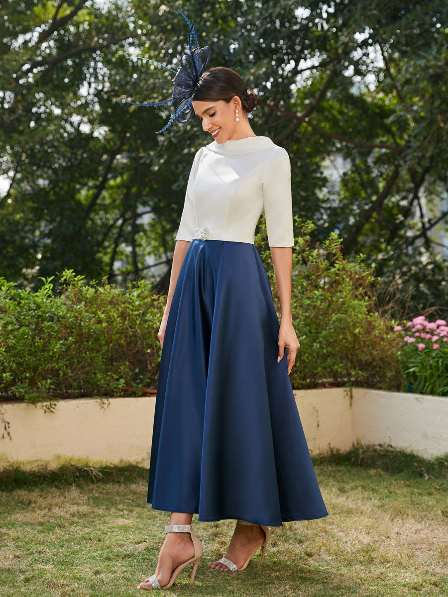 Vestidos Longos de Noite com Mangas Meio Comprimento e Gola Alta Bordados com Strass em Estilo A-Line/Princesa