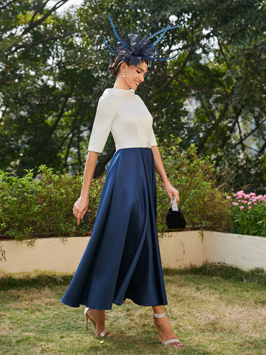 Vestidos Longos de Noite com Mangas Meio Comprimento e Gola Alta Bordados com Strass em Estilo A-Line/Princesa