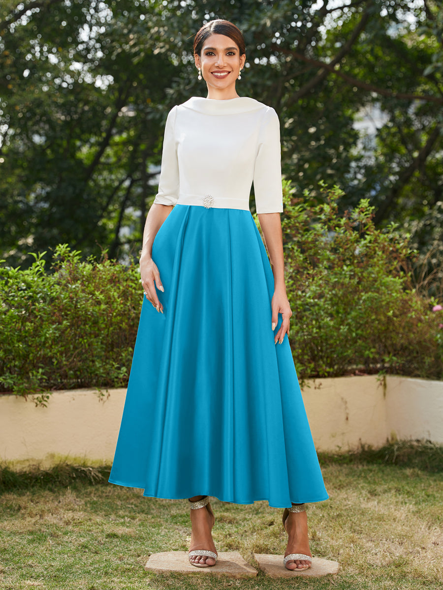 Vestidos Longos de Noite com Mangas Meio Comprimento e Gola Alta Bordados com Strass em Estilo A-Line/Princesa