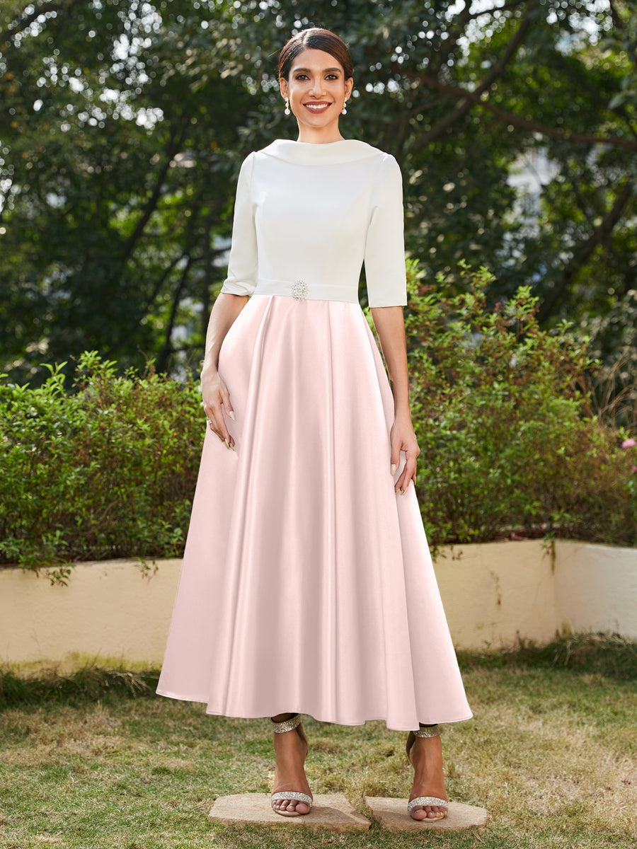 Vestidos Longos de Noite com Mangas Meio Comprimento e Gola Alta Bordados com Strass em Estilo A-Line/Princesa