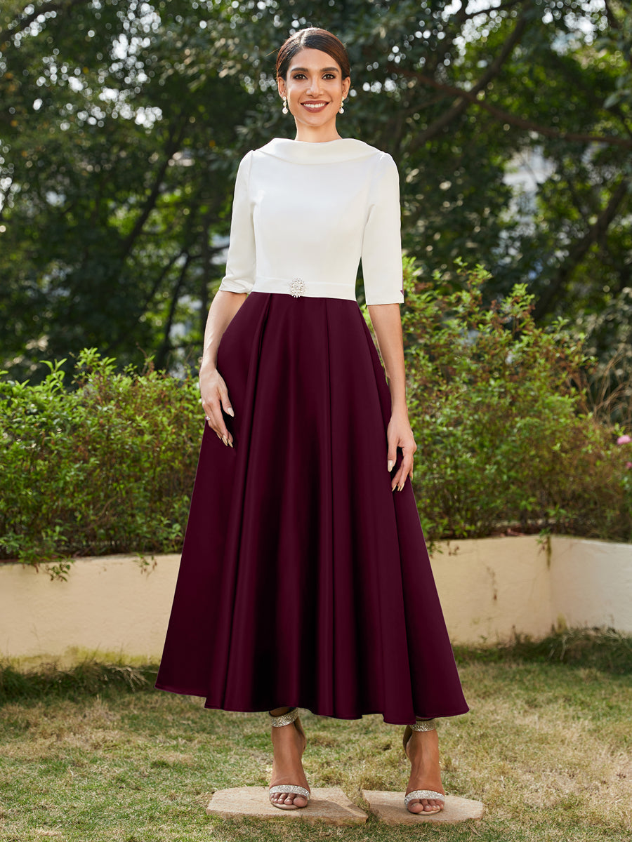 Vestidos Longos de Noite com Mangas Meio Comprimento e Gola Alta Bordados com Strass em Estilo A-Line/Princesa