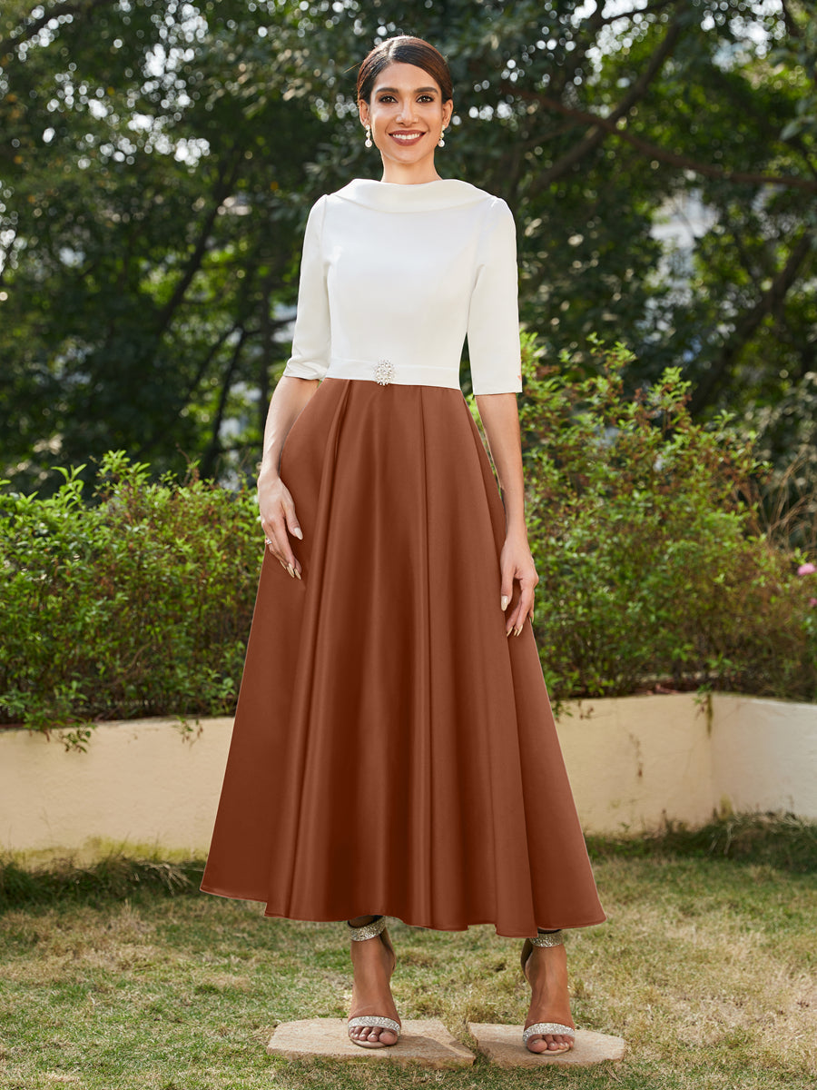 Vestidos Longos de Noite com Mangas Meio Comprimento e Gola Alta Bordados com Strass em Estilo A-Line/Princesa