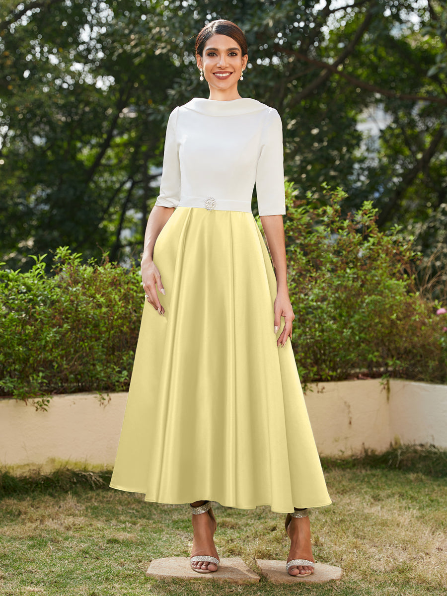 Vestidos Longos de Noite com Mangas Meio Comprimento e Gola Alta Bordados com Strass em Estilo A-Line/Princesa