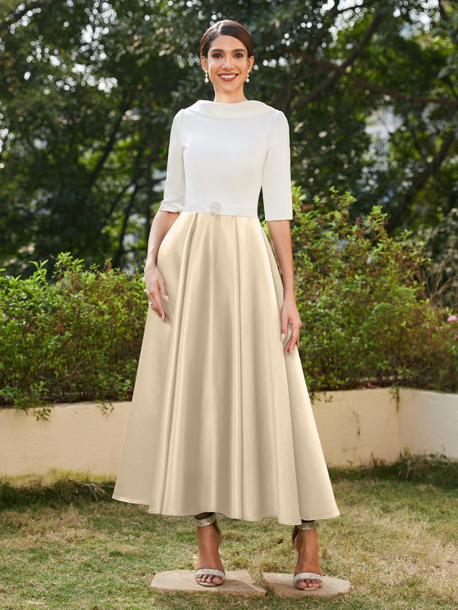 Vestidos Longos de Noite com Mangas Meio Comprimento e Gola Alta Bordados com Strass em Estilo A-Line/Princesa