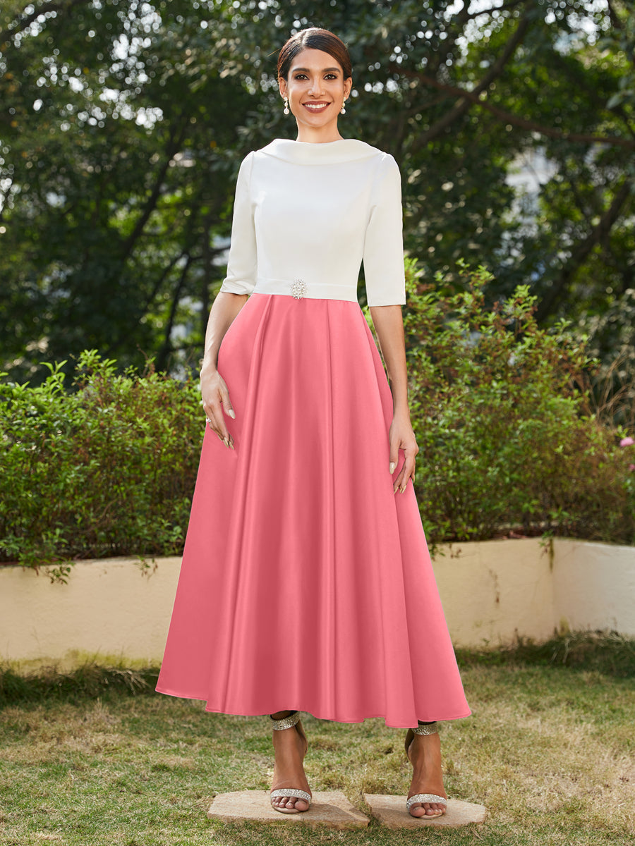 Vestidos Longos de Noite com Mangas Meio Comprimento e Gola Alta Bordados com Strass em Estilo A-Line/Princesa