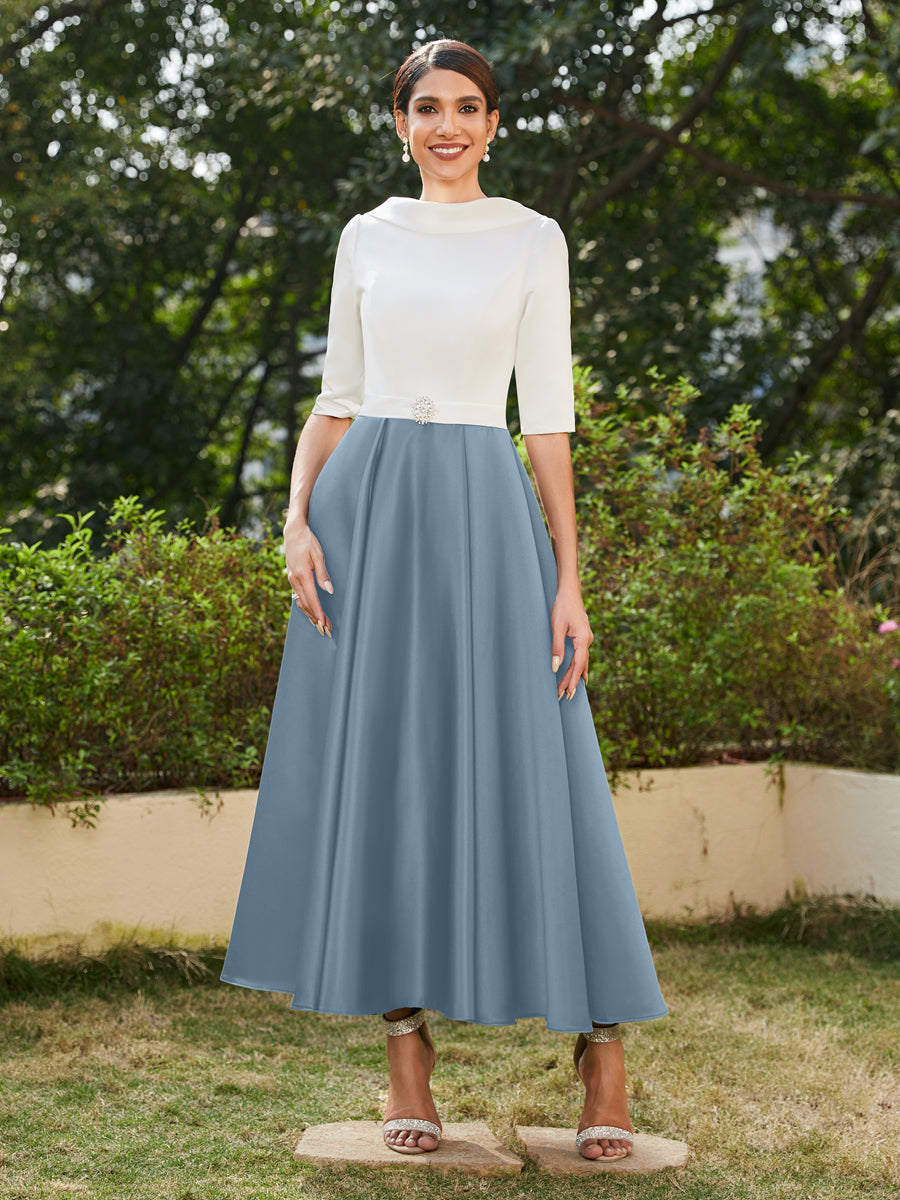 Vestidos Longos de Noite com Mangas Meio Comprimento e Gola Alta Bordados com Strass em Estilo A-Line/Princesa