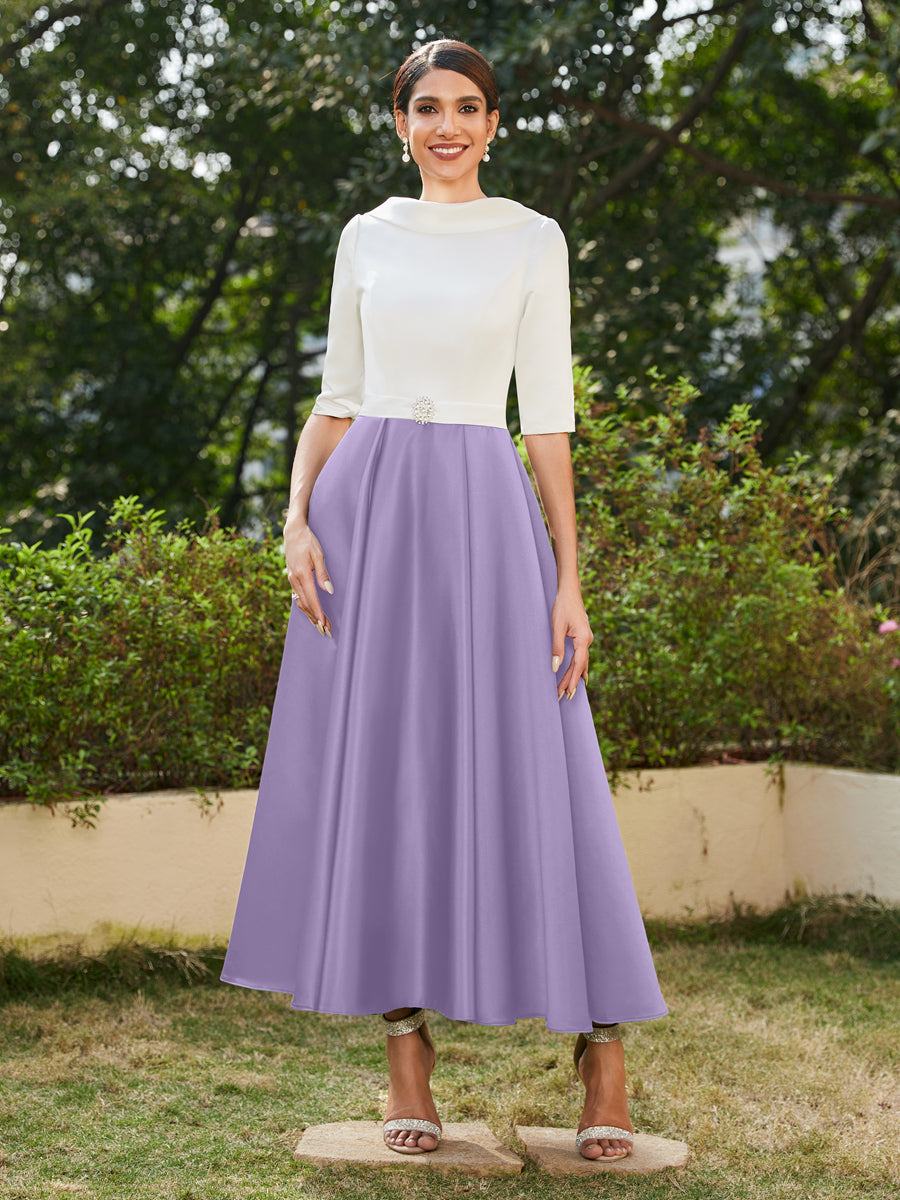 Vestidos Longos de Noite com Mangas Meio Comprimento e Gola Alta Bordados com Strass em Estilo A-Line/Princesa
