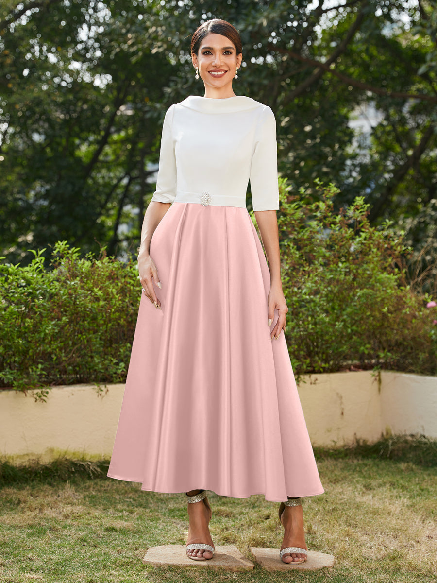 Vestidos Longos de Noite com Mangas Meio Comprimento e Gola Alta Bordados com Strass em Estilo A-Line/Princesa