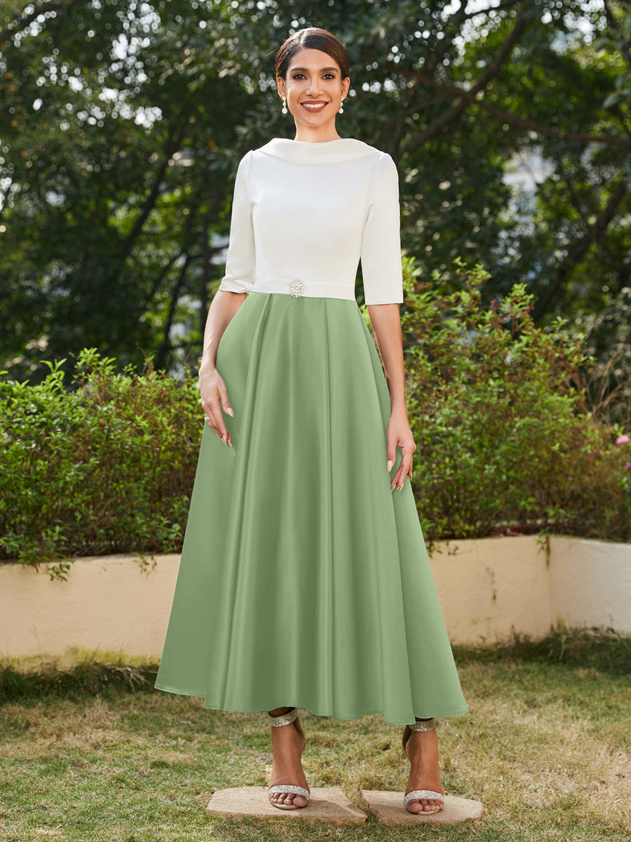 Vestidos Longos de Noite com Mangas Meio Comprimento e Gola Alta Bordados com Strass em Estilo A-Line/Princesa