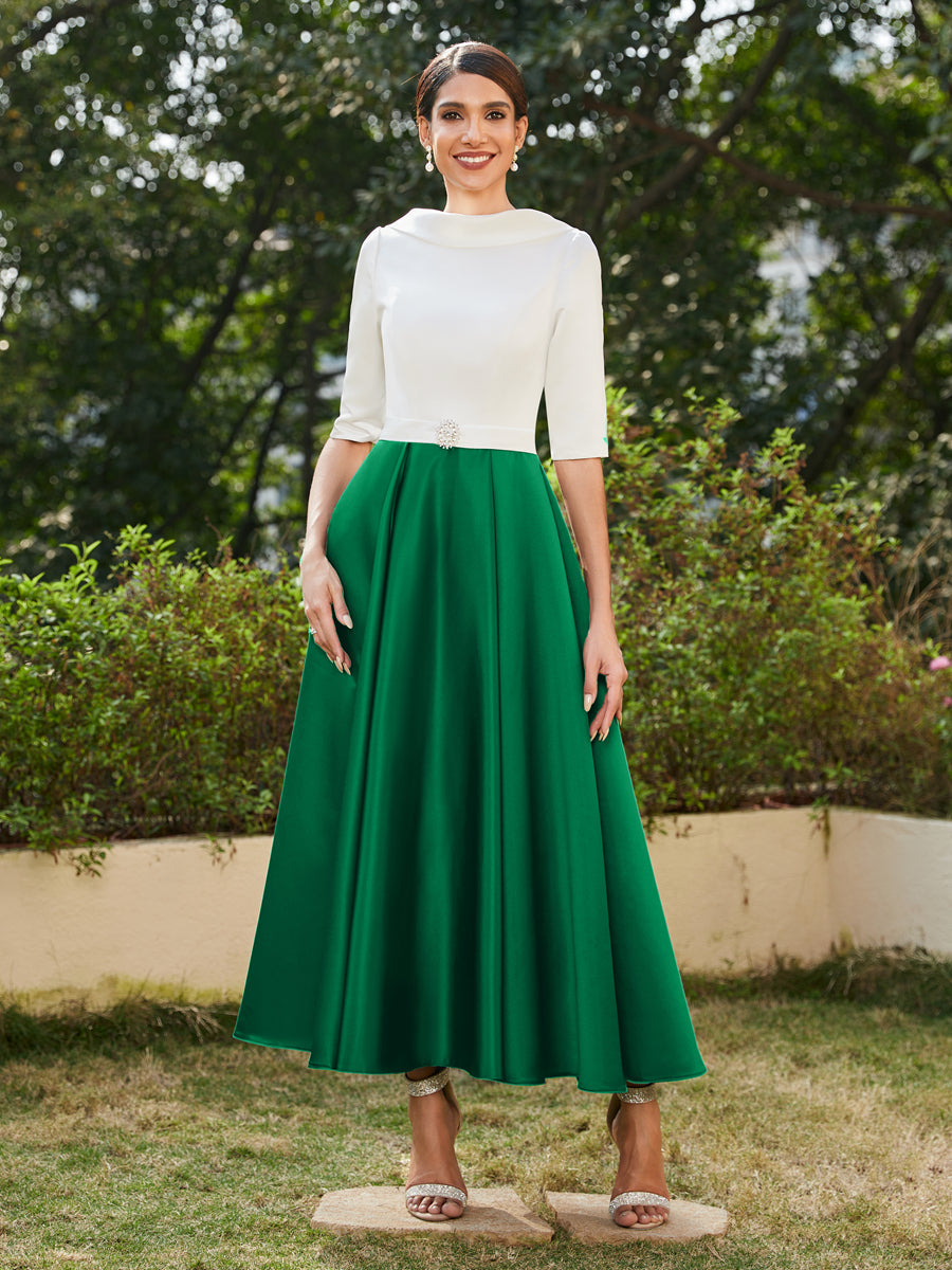 Vestidos Longos de Noite com Mangas Meio Comprimento e Gola Alta Bordados com Strass em Estilo A-Line/Princesa