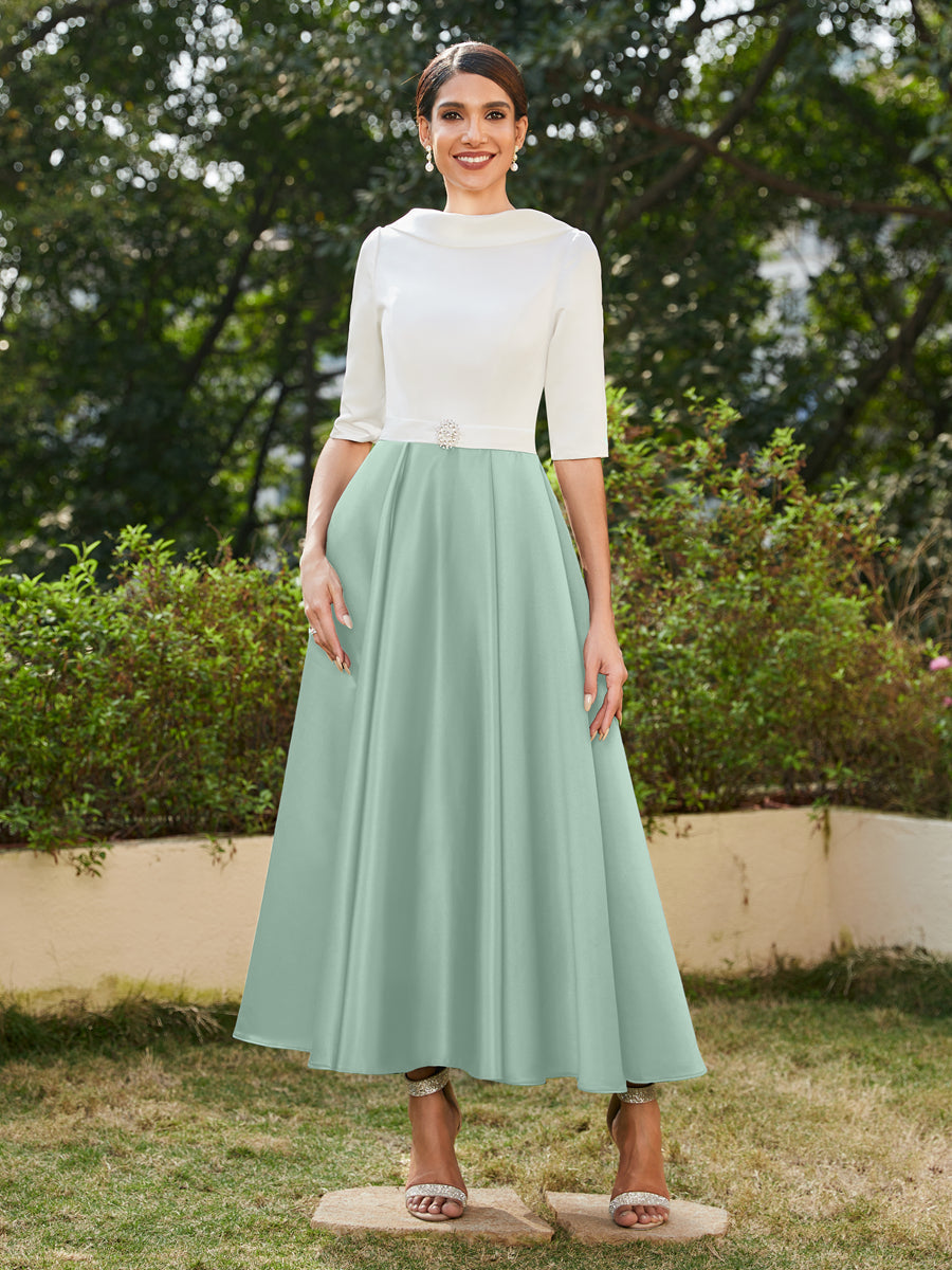 Vestidos Longos de Noite com Mangas Meio Comprimento e Gola Alta Bordados com Strass em Estilo A-Line/Princesa