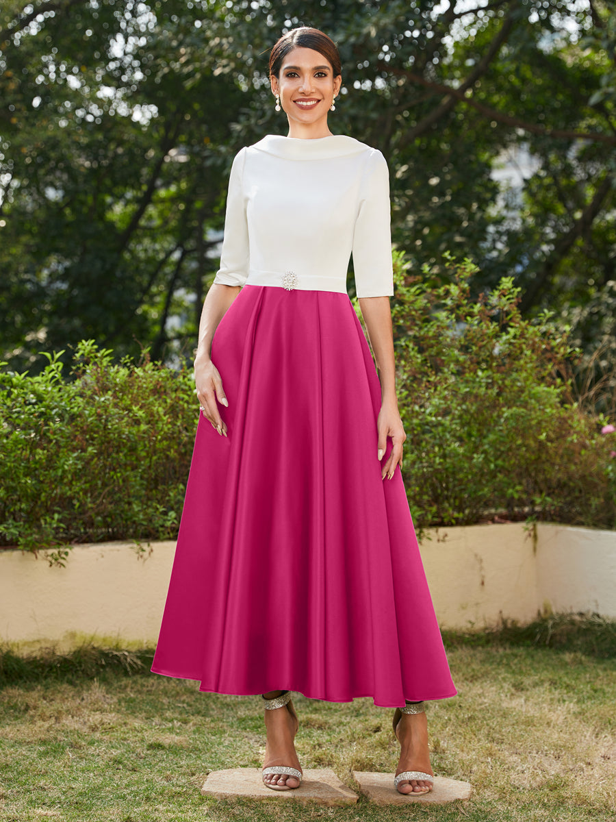 Vestidos Longos de Noite com Mangas Meio Comprimento e Gola Alta Bordados com Strass em Estilo A-Line/Princesa