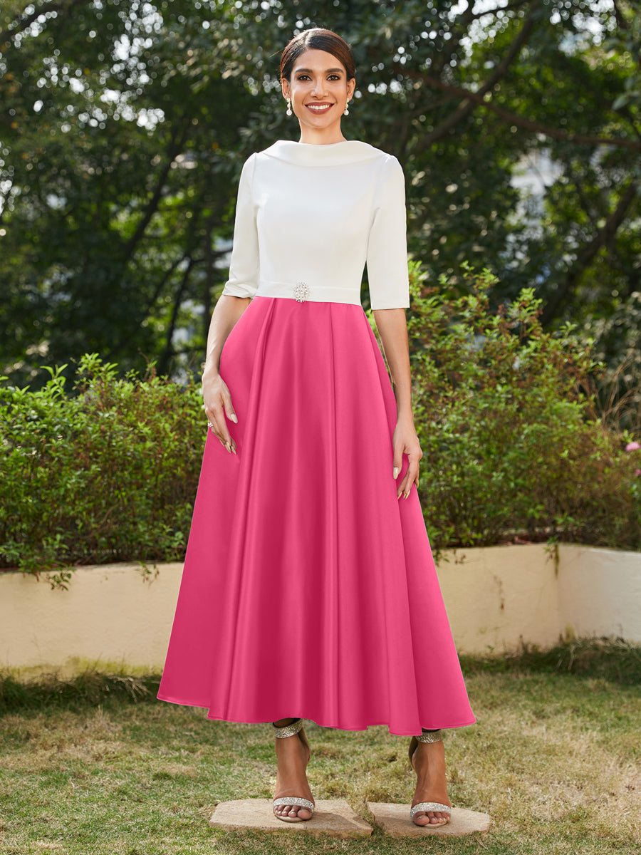 Vestidos Longos de Noite com Mangas Meio Comprimento e Gola Alta Bordados com Strass em Estilo A-Line/Princesa