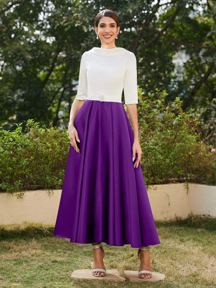 Vestidos Longos de Noite com Mangas Meio Comprimento e Gola Alta Bordados com Strass em Estilo A-Line/Princesa
