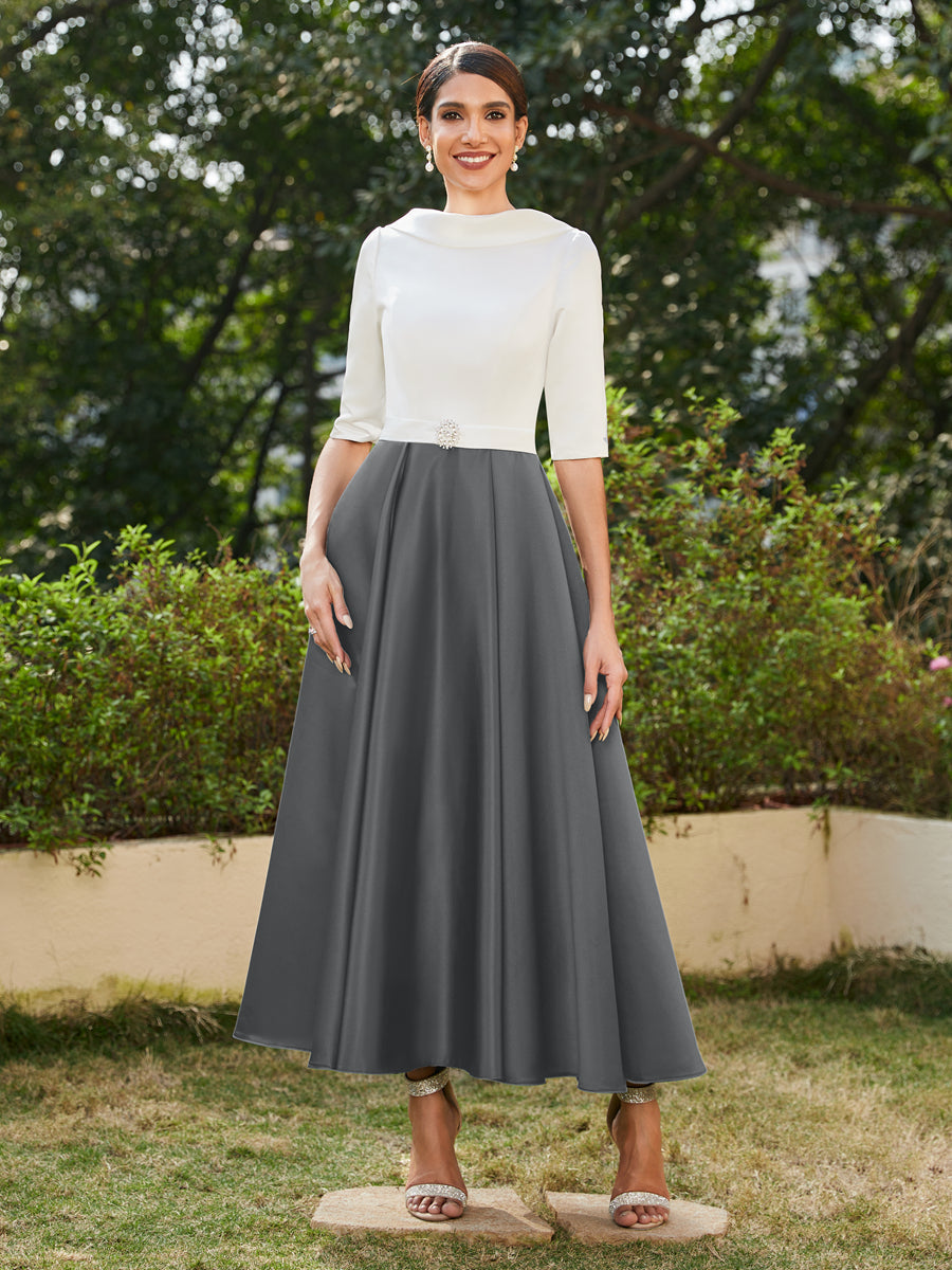 Vestidos Longos de Noite com Mangas Meio Comprimento e Gola Alta Bordados com Strass em Estilo A-Line/Princesa