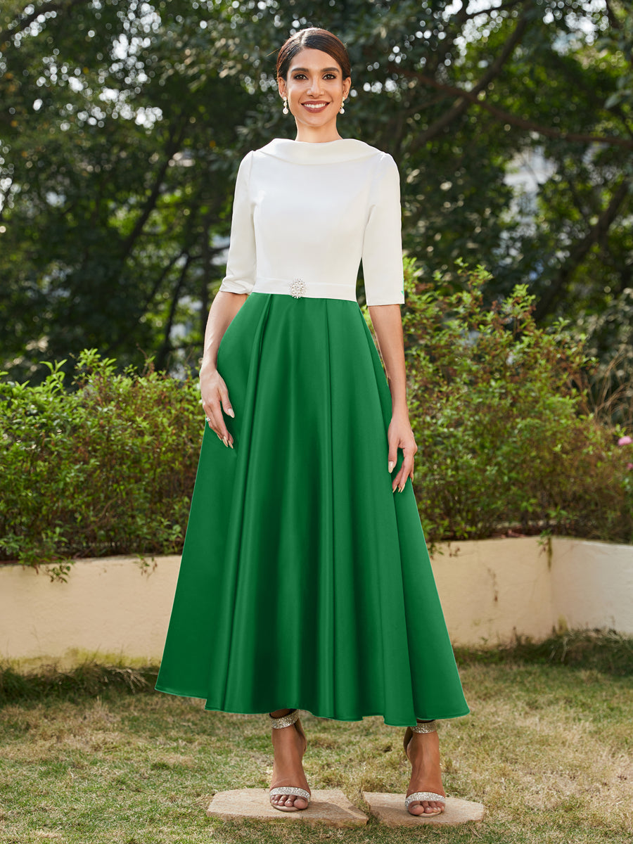 Vestidos Longos de Noite com Mangas Meio Comprimento e Gola Alta Bordados com Strass em Estilo A-Line/Princesa