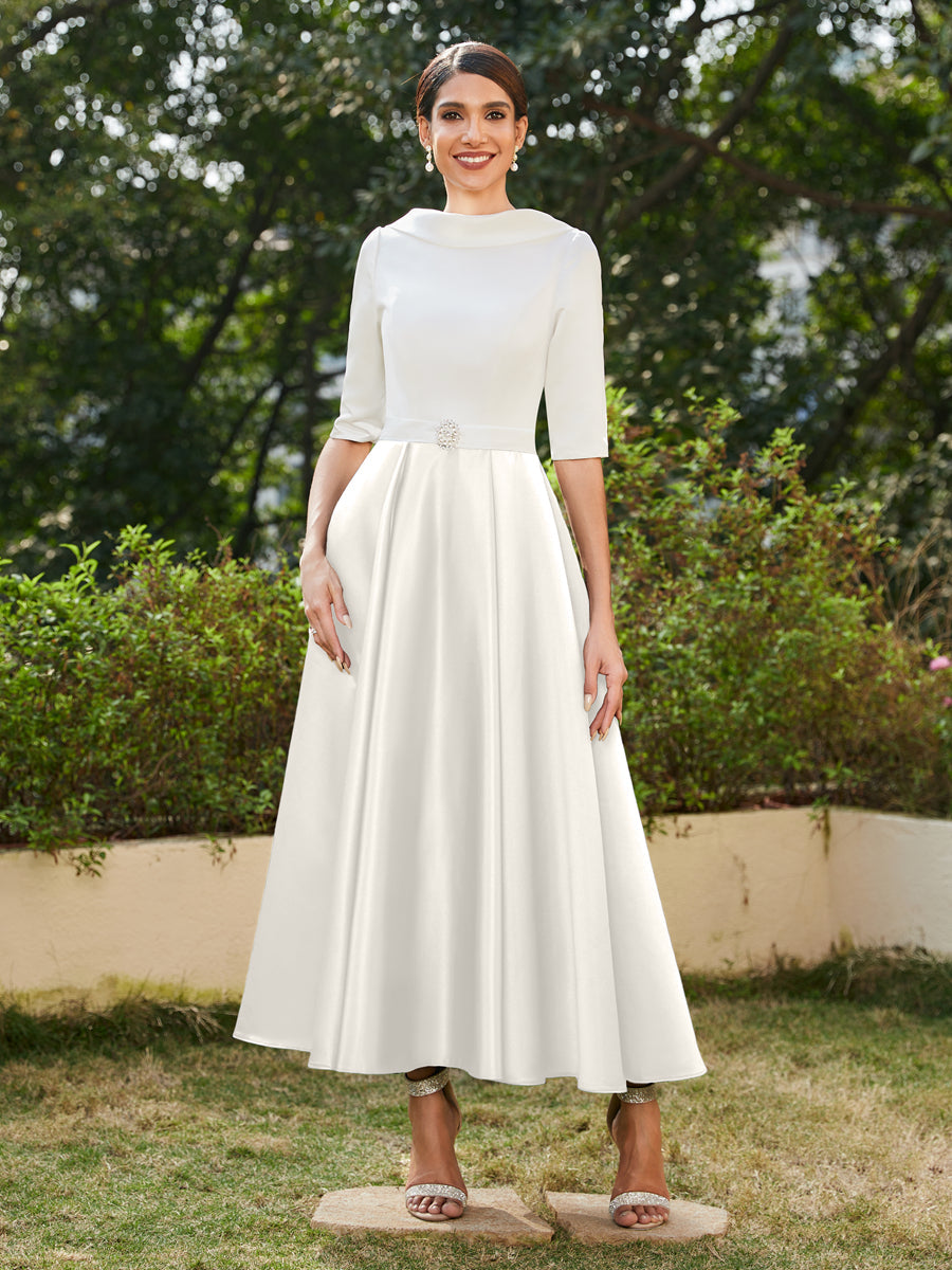 Vestidos Longos de Noite com Mangas Meio Comprimento e Gola Alta Bordados com Strass em Estilo A-Line/Princesa