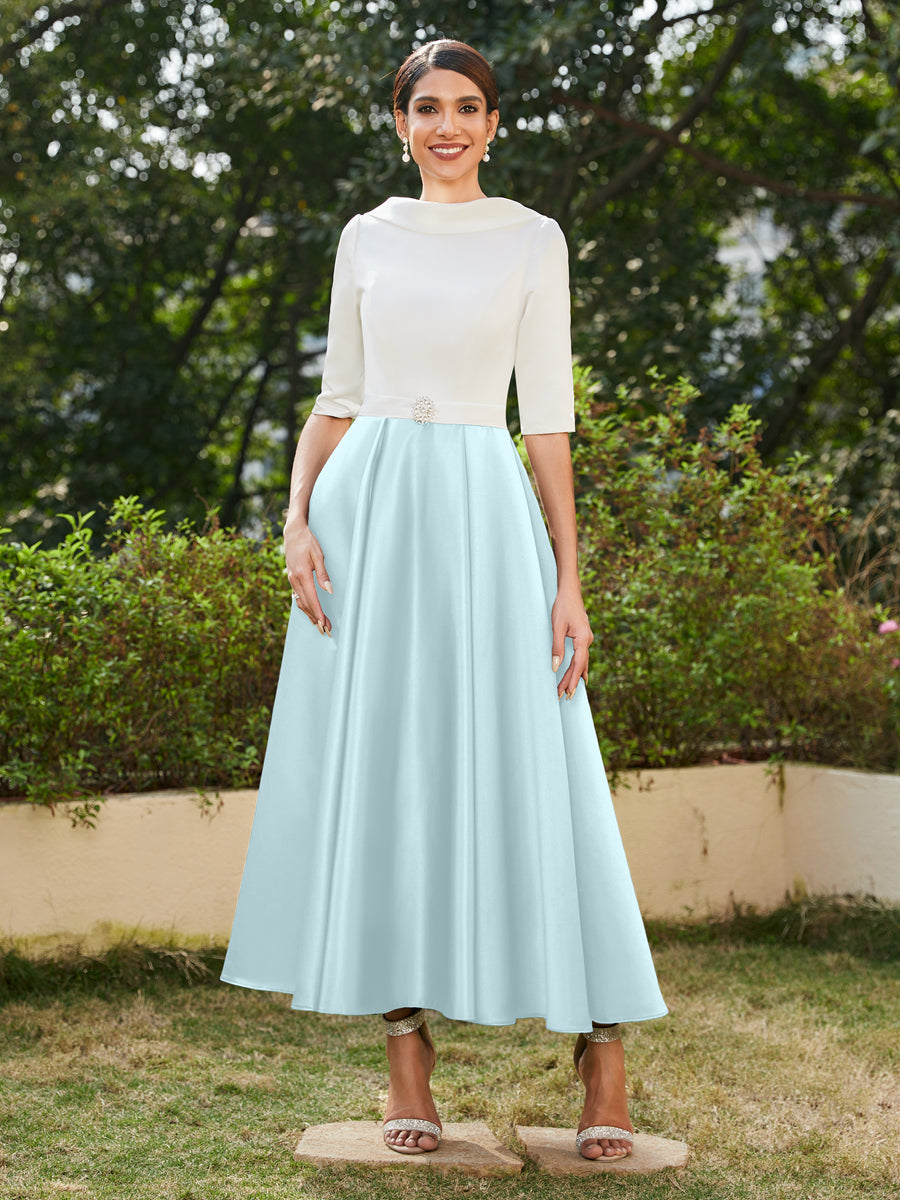 Vestidos Longos de Noite com Mangas Meio Comprimento e Gola Alta Bordados com Strass em Estilo A-Line/Princesa