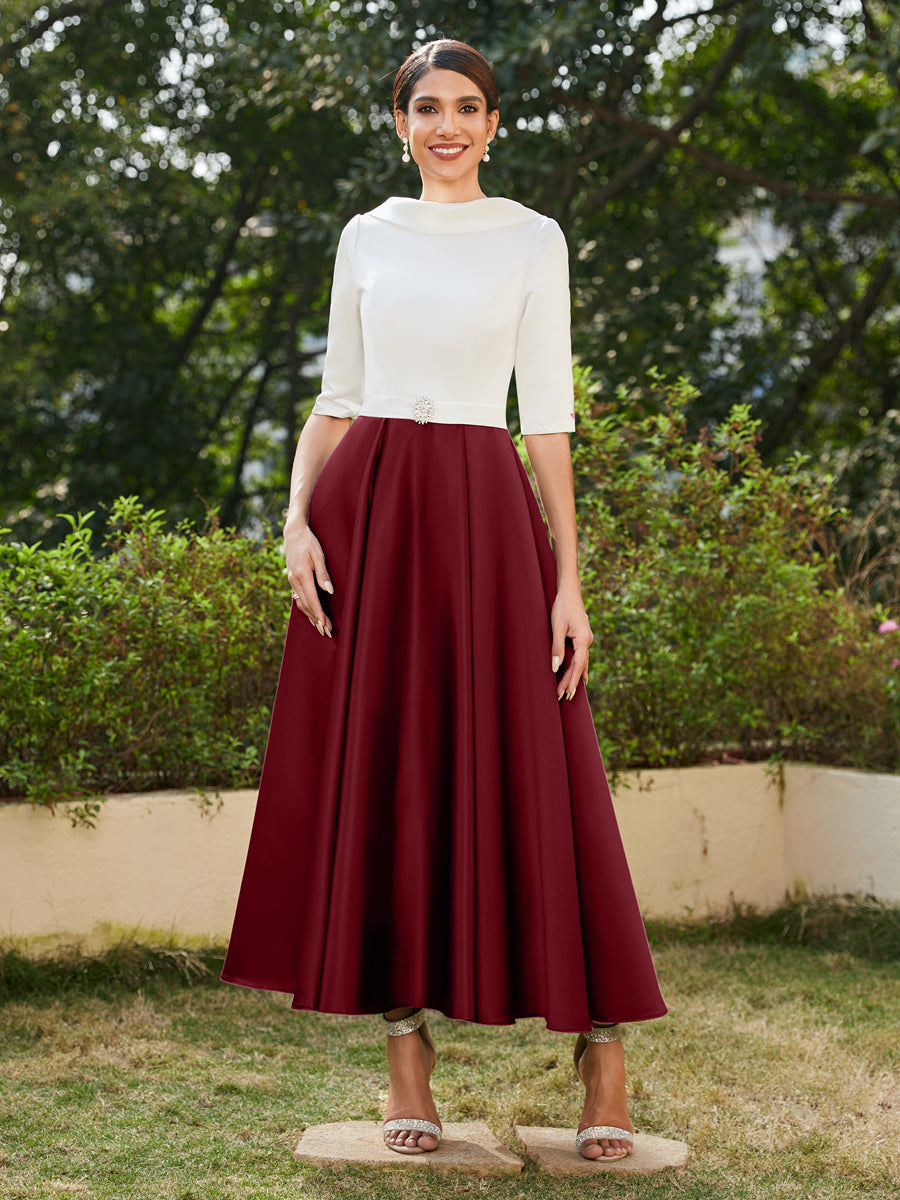 Vestidos Longos de Noite com Mangas Meio Comprimento e Gola Alta Bordados com Strass em Estilo A-Line/Princesa